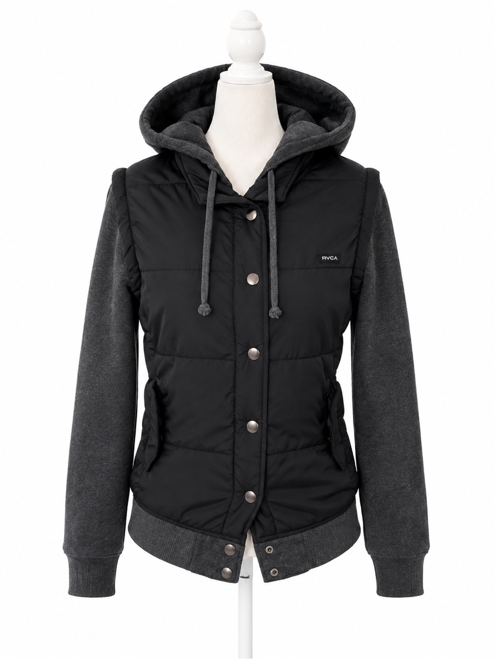 RVCA Women’s Y2K Hooded Puffer Jacket Gray & Black Snap Front Small